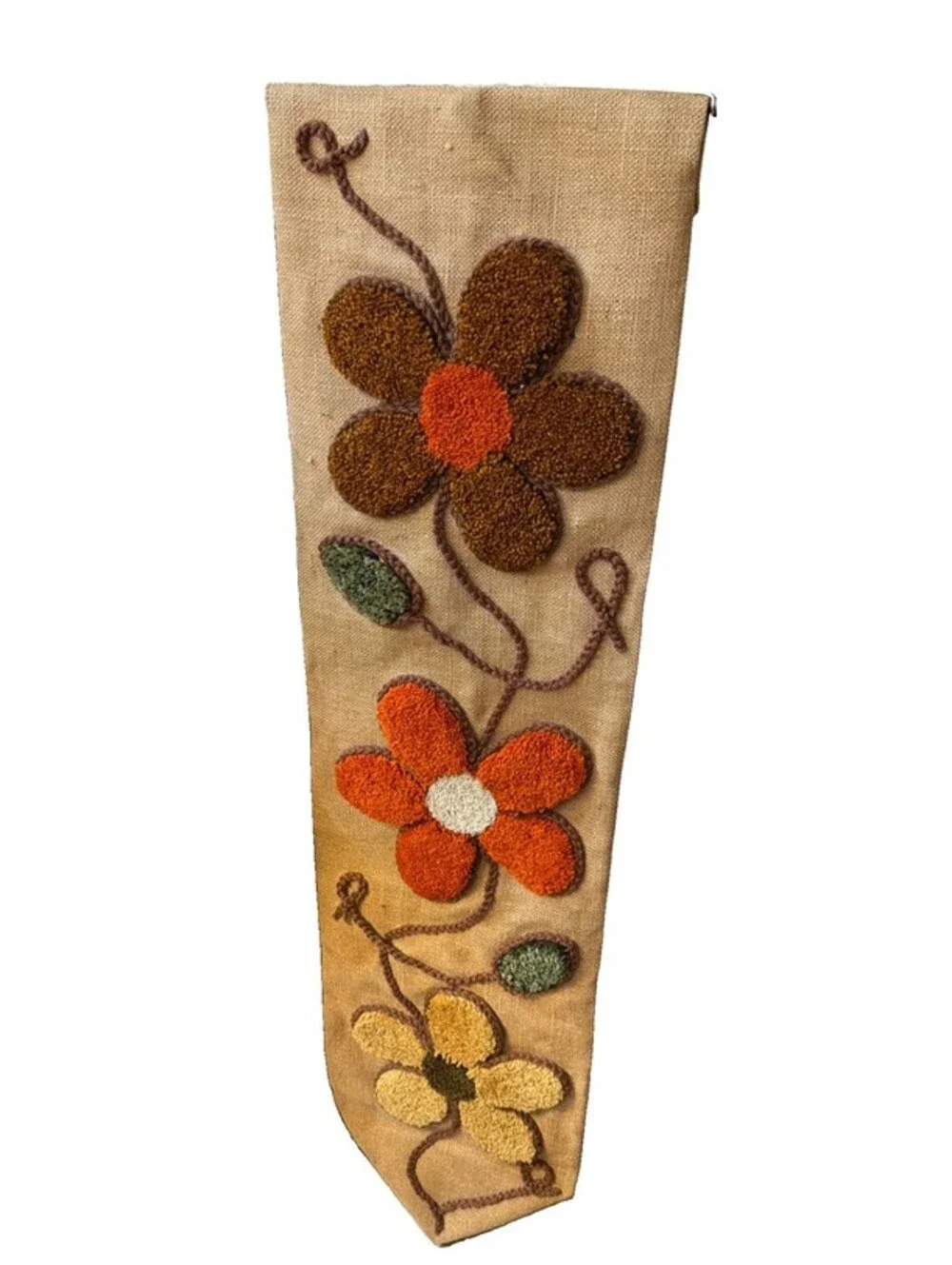 Vintage 1970s Latch Hook Burlap Wall Hanging 13x52 Retro Mod Flower Power MCM